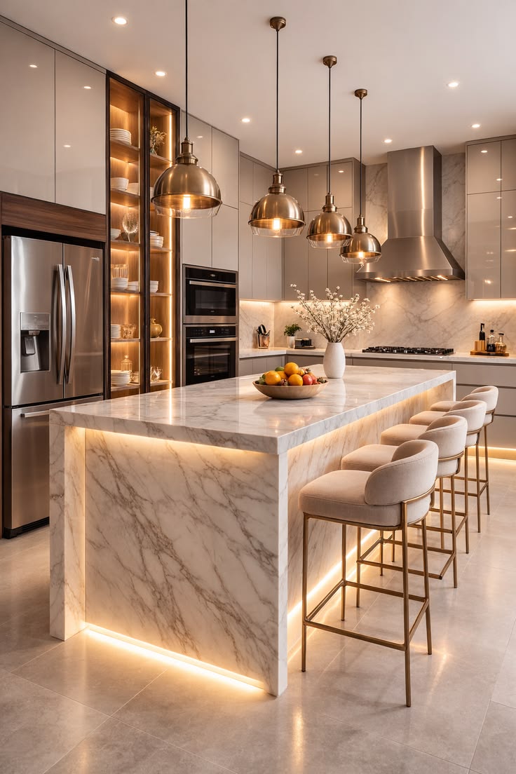 luxury marble kitchen island with gold bar stools & pendant lights