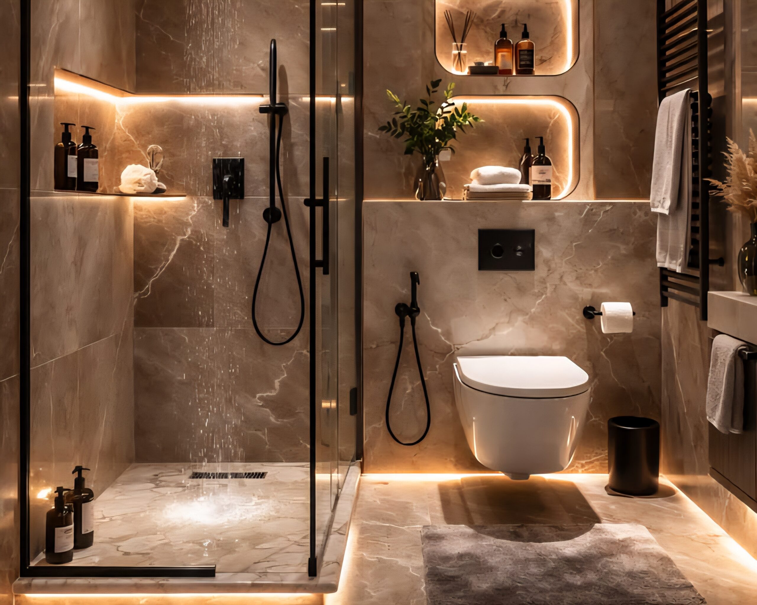 Ana Sayfa modern marble spa bathroom with warm led glow